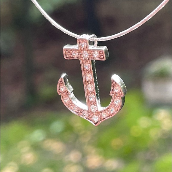 Sparkling Solid Sterling Silver and CZ Nautical Anchor Pendant - Picture 2 of 5